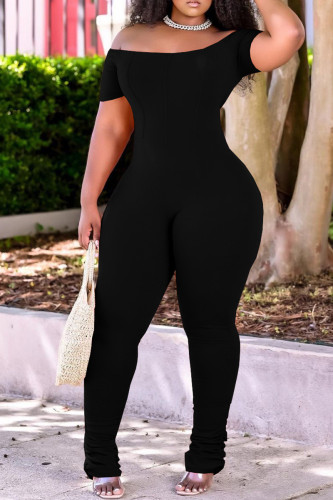 Black Fashion Casual Solid Fold Off the Shoulder Regular Jumpsuits