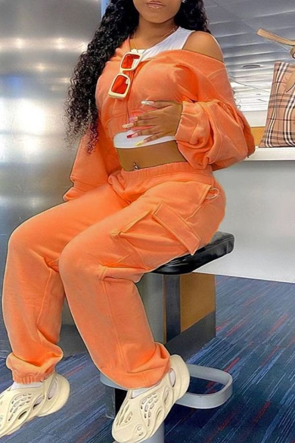 オレンジファッションカジュアルソリッドパッチワークOネック長袖ツーピース