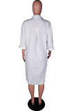 White Sexy Solid Asymmetrical Turndown Collar Shirt Dress Dresses (Without Belt)