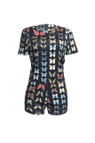 Deep Blue Casual Print Patchwork O Neck Short Sleeve Two Pieces