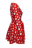 Красные повседневные платья-юбки в горошек и V-образным вырезом в стиле пэчворк