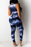 Blauwe sexy print tie-dye uitgeholde patchwork frenulum skinny jumpsuits met V-hals