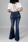 The cowboy blue Sexy Solid Ripped Mid Waist Boot Cut Denim Jeans