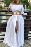 White Sexy Solid Patchwork Off the Shoulder Asymmetrical Dresses