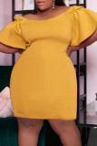黄色のセクシーなソリッド パッチワーク オフショルダー ストレート ドレス