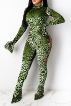 Macacão skinny verde sexy leopardo vazado meia gola alta