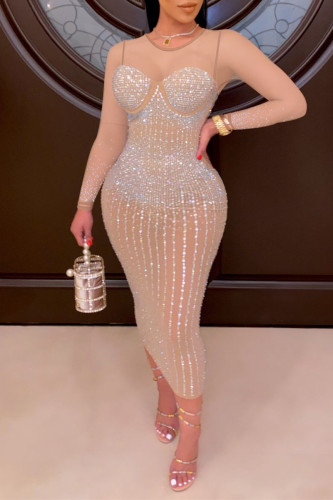 Абрикосовое модное сексуальное лоскутное горячее сверление прозрачное платье с круглым вырезом и длинным рукавом