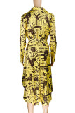 Yellow Vintage Print Patchwork Asymmetrical Turn-back Collar Irregular Dress Dresses