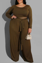 Brown Casual Solid mit Gürtel O Neck Plus Size Two Pieces