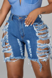 The cowboy blue Street Solid Ripped Patchwork High Waist Straight Denim Shorts