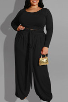 Black Casual Solid With Belt O Neck Plus Size Two Pieces