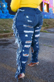 Babyblauwe straat effen kwastje gescheurd patchwork grote maten jeans