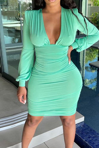 Mint green Sexy Solid Patchwork Fold V Neck Pencil Skirt Dresses