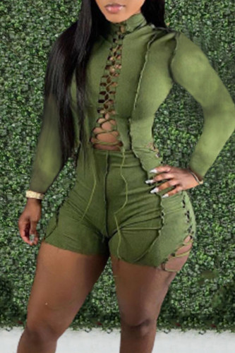 Green Sexy Solid Hollowed Out Patchwork Frenulum Half A Turtleneck Skinny Rompers