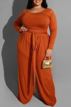 Orange Casual Solid With Belt O Neck Plus Size Two Pieces