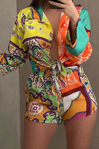 Tangerine Red Casual Print Patchwork Turndown Collar Long Sleeve Two Pieces