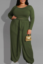 Army Green Casual Solid mit Gürtel O Neck Plus Size Two Pieces