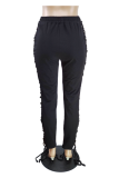 Noir Sexy Solid Draw String Skinny Mid Waist Pencil Solid Color Bottoms
