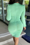 Mint green Sexy Solid Patchwork Fold V Neck Pencil Skirt Dresses