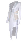 ホワイトファッションセクシーパッチワークスリットホットドリルVネック長袖ドレス