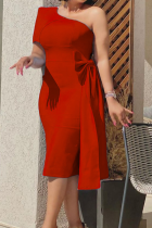 Röda Sexiga Solid Patchwork En Shoulder Pencil Skirt Klänningar