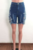 The cowboy blue Street Solid Ripped Patchwork High Waist Straight Denim Shorts