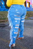 Baby Blue Street Solid Tofs Ripped Patchwork Plus Size Jeans