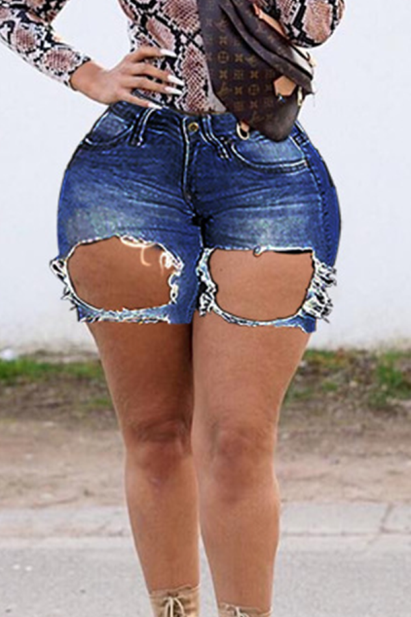 Short en jean skinny taille moyenne déchiré bleu foncé sexy
