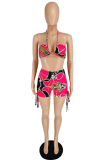 Rose Red Sexy Print Patchwork Draw String Bademode