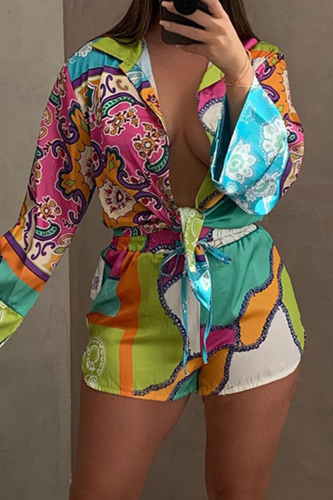 Rose Red Casual Print Patchwork Turndown Collar Long Sleeve Two Pieces