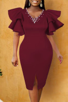 Burgundy Elegant Solid Patchwork Volang Pärlvikt V-hals aftonklänning klänningar
