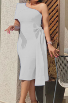 ホワイト セクシー ソリッド パッチワーク ワンショルダー ペンシル スカート ドレス