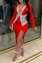Red Fashion Sexy Patchwork Slit Hot Drill V-Ausschnitt Langarm-Kleider