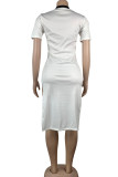 White Casual Print Patchwork Slit Asymmetrical O Neck Short Sleeve Dress Dresses