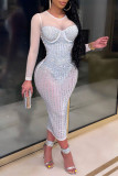 Абрикосовое модное сексуальное лоскутное горячее сверление прозрачное платье с круглым вырезом и длинным рукавом