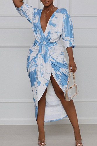 Ljusblå Elegant Print Tie Dye Patchwork Vik Asymmetrisk V-hals raka klänningar