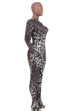 Coffee Sexy Leopard Hollowed Out Half A Turtleneck Skinny Jumpsuits