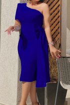 Vestidos de falda lápiz de un hombro con parches lisos sexy azul profundo