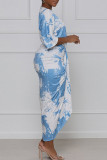 Vestidos rectos con cuello en V asimétrico con pliegues y teñido anudado con estampado elegante azul claro