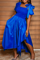 ブルー カジュアル ソリッド パッチワーク スクエアカラー イレギュラー ドレス ドレス