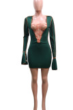 Green Sexy Solid Hollowed Out Patchwork Frenulum O Neck Pencil Skirt Dresses