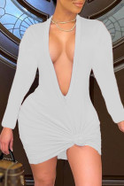 White Fashion Sexy Solid Basic V Neck Long Sleeve Dresses