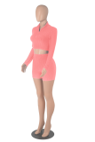Pinkfarbener Sportswear-Zweiteiler mit einfarbigem Patchwork-Reißverschlusskragen und langen Ärmeln