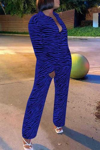 Royal Blue Casual Animal Print Patchwork Turndown Collar Long Sleeve Two Pieces