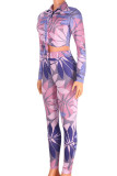 Blue Casual Print Bandage Patchwork Buckle Turndown Collar Long Sleeve Two Pieces