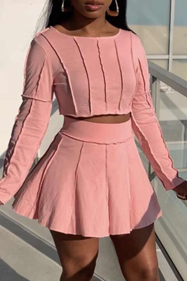 ピンクファッションカジュアルソリッドパッチワークOネック長袖ツーピース