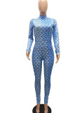 Blauwe casual print patchwork halve coltrui skinny jumpsuits