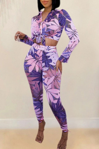 Purple Casual Print Bandage Patchwork Buckle Turndown Collar Long Sleeve Two Pieces