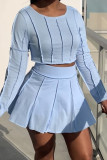 Light Blue Fashion Casual Solid Patchwork O Neck Long Sleeve Two Pieces