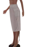 White Casual Solid Patchwork Draw String Pocket Fold Straight High Waist Straight Solid Color Bottoms